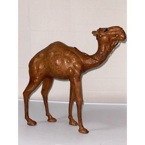 Vintage Leather Camel Art Dromedary Sculpture W/Glass Eyes & Leather Bridle 14”